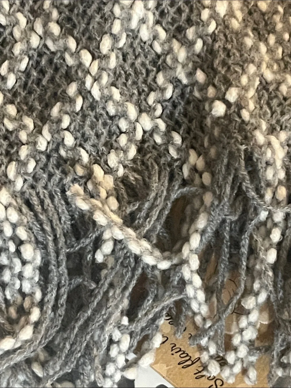 Britt’s Knits Gray & White Knit Fringe Infinity Scarf S77